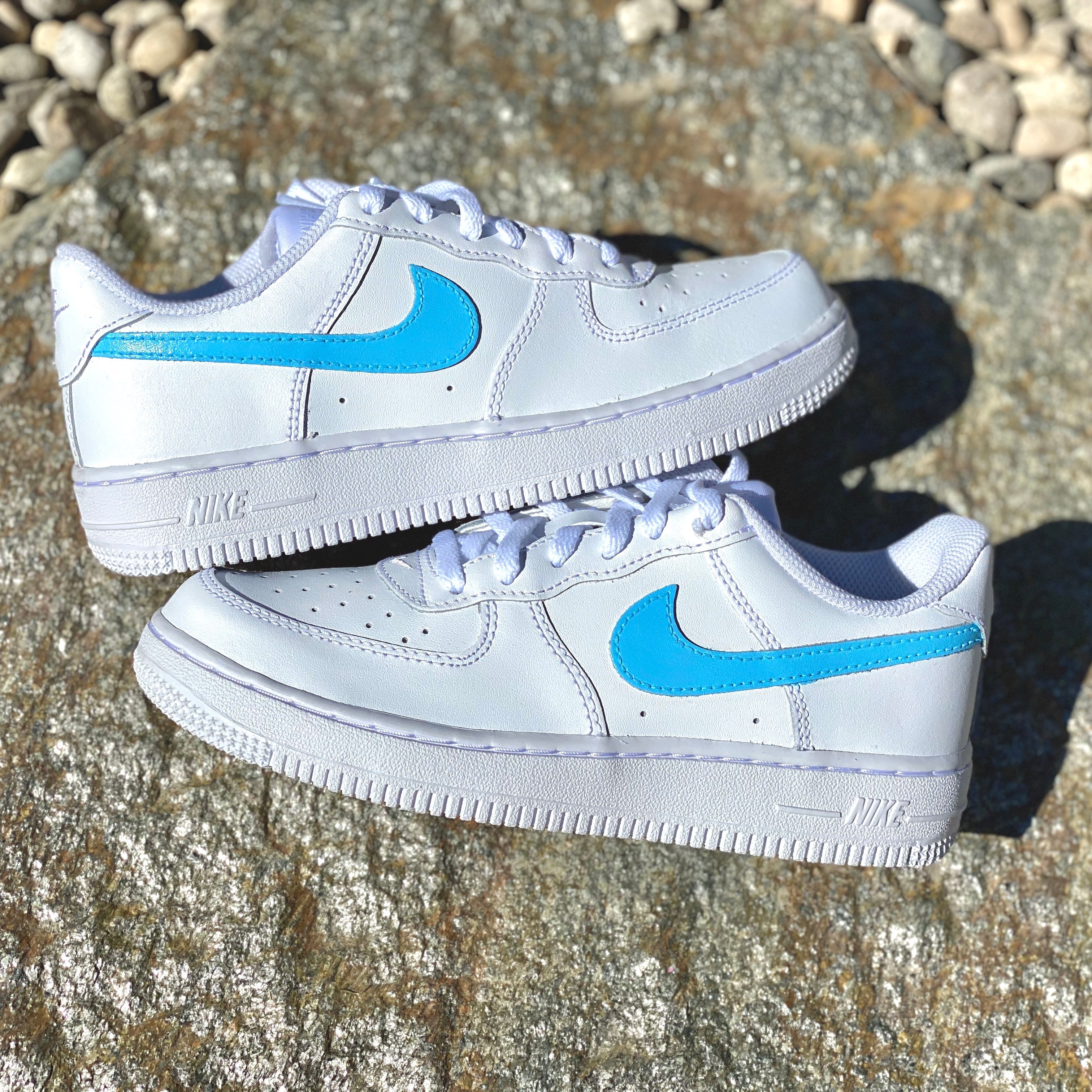 Custom Air Force 1S with Light Blue and Navy 3D Nike Swoosh
