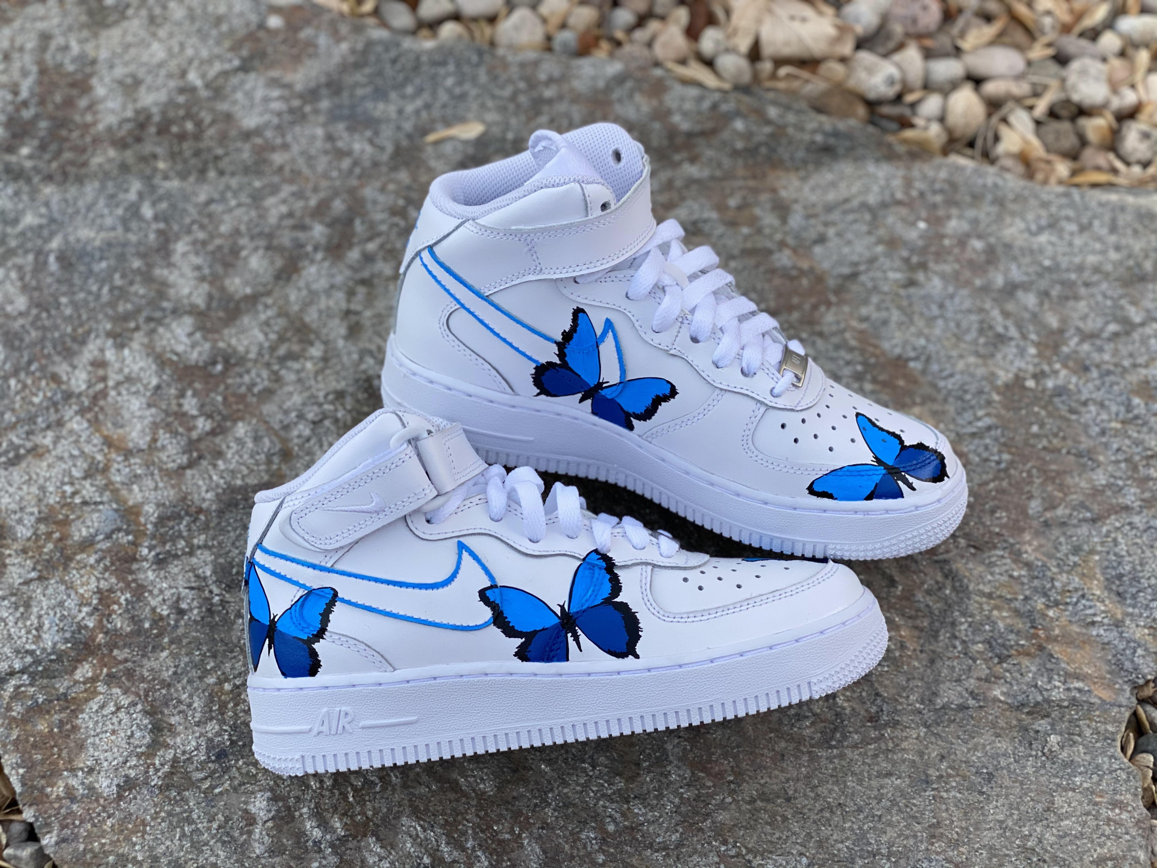 Custom Painted Nike Air Force One Mid-top Light Blue Sneakers 