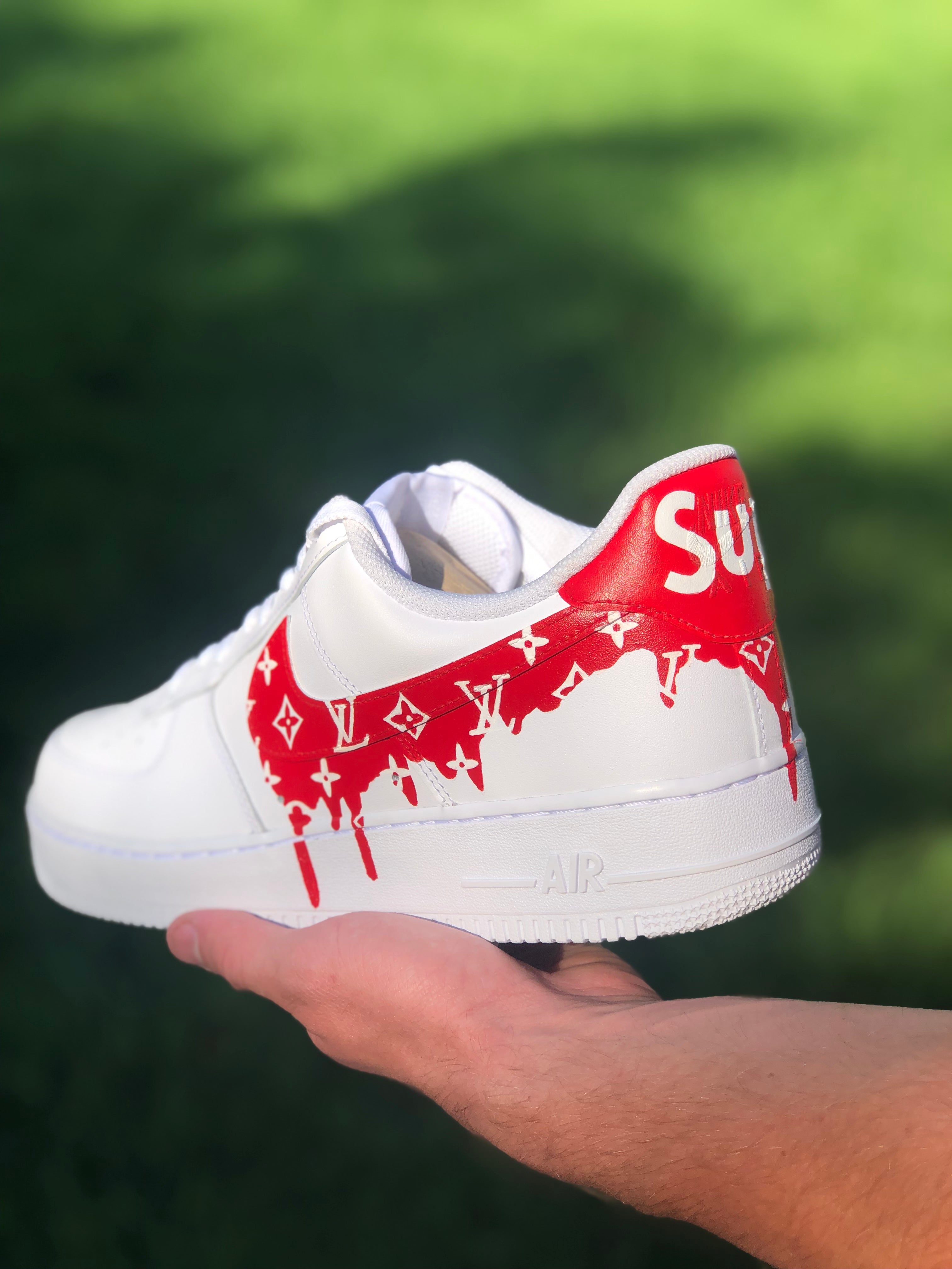 New custom AF1 by shop artist @grantmahl3r stop by for the Black Friday  deal!!! #shop23 #fire #louisvuitton #custom #paint #supreme #red…
