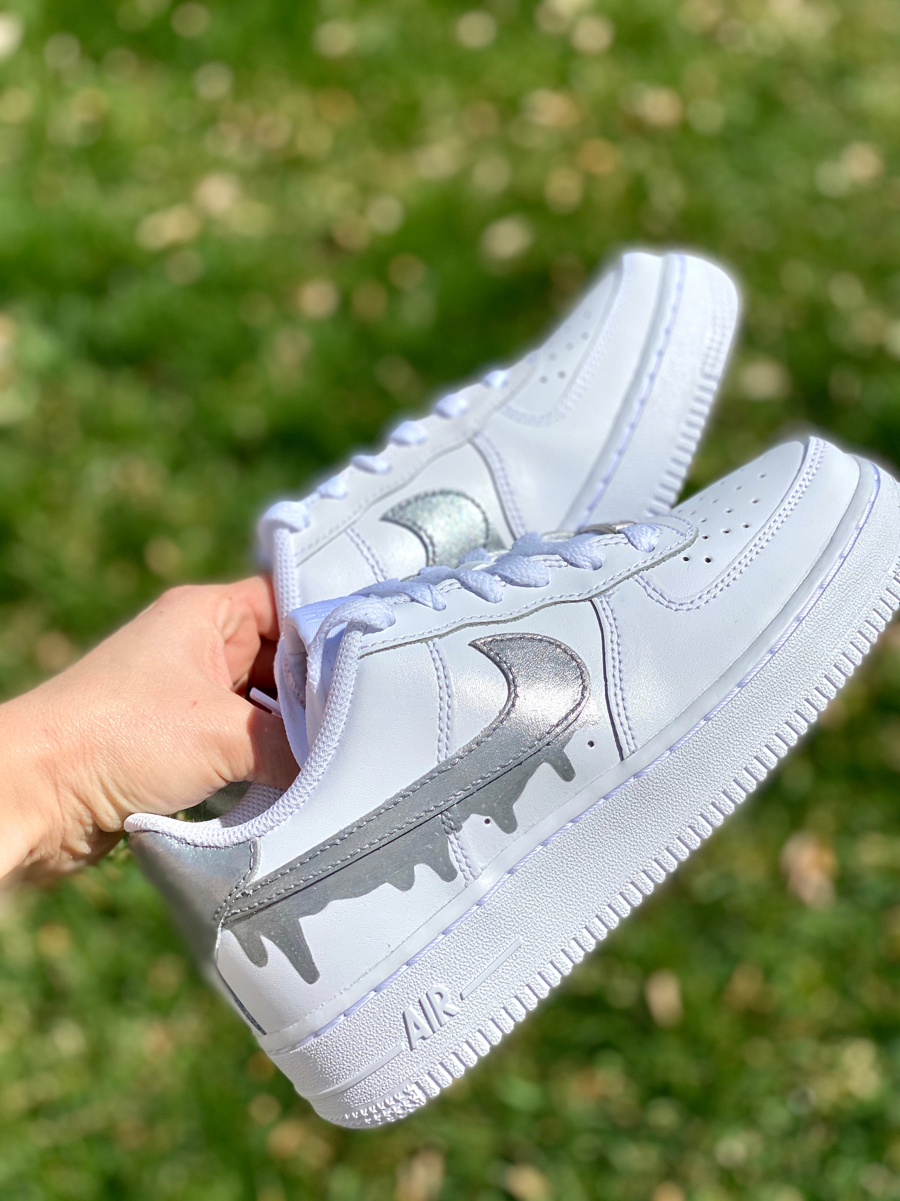 Silver Shiny Drip with Back Tab Custom Air Force 1 - Hand Painted