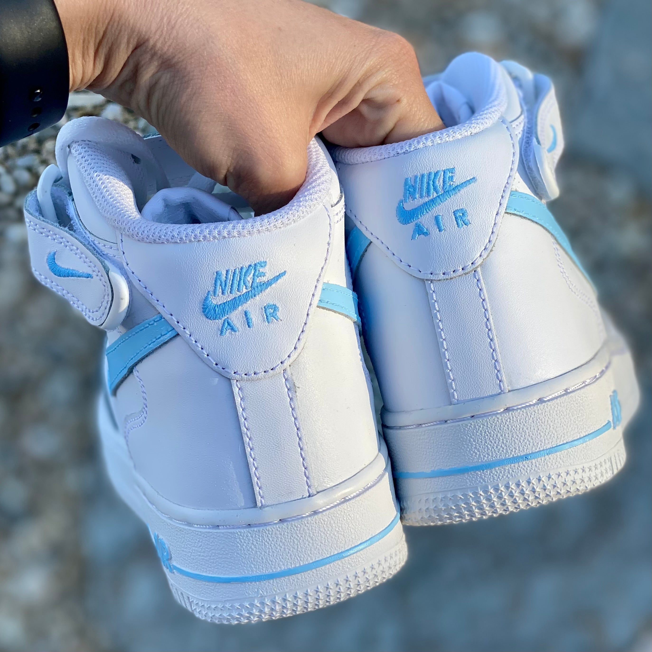 Baby Blue Custom Air Force 1 Sneakers. Low Mid High Tops. 