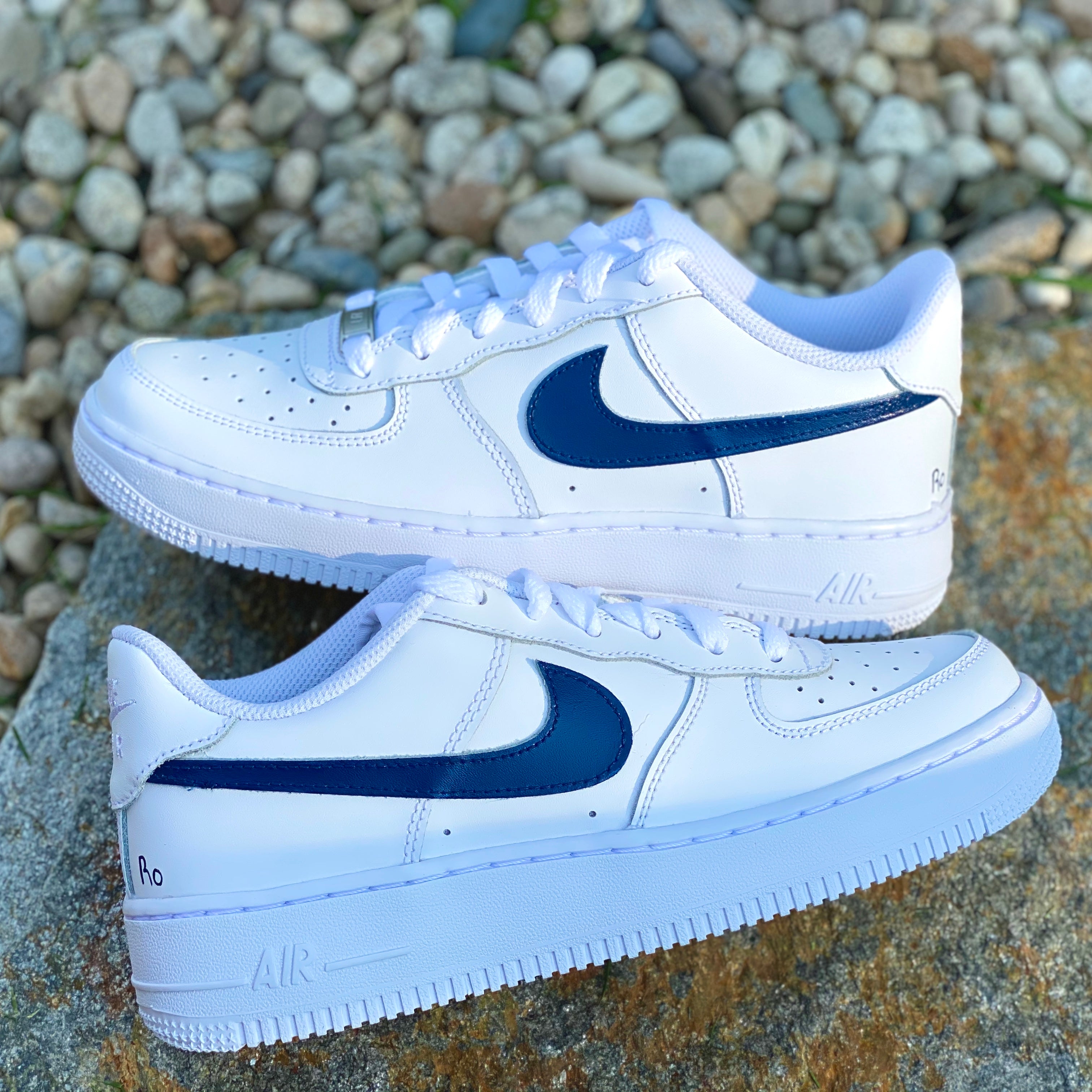 Custom Af1 Blue Dark Blue Navy Swoosh Check Custom Air Force 1 - Hand Painted AF1 - Cu ...