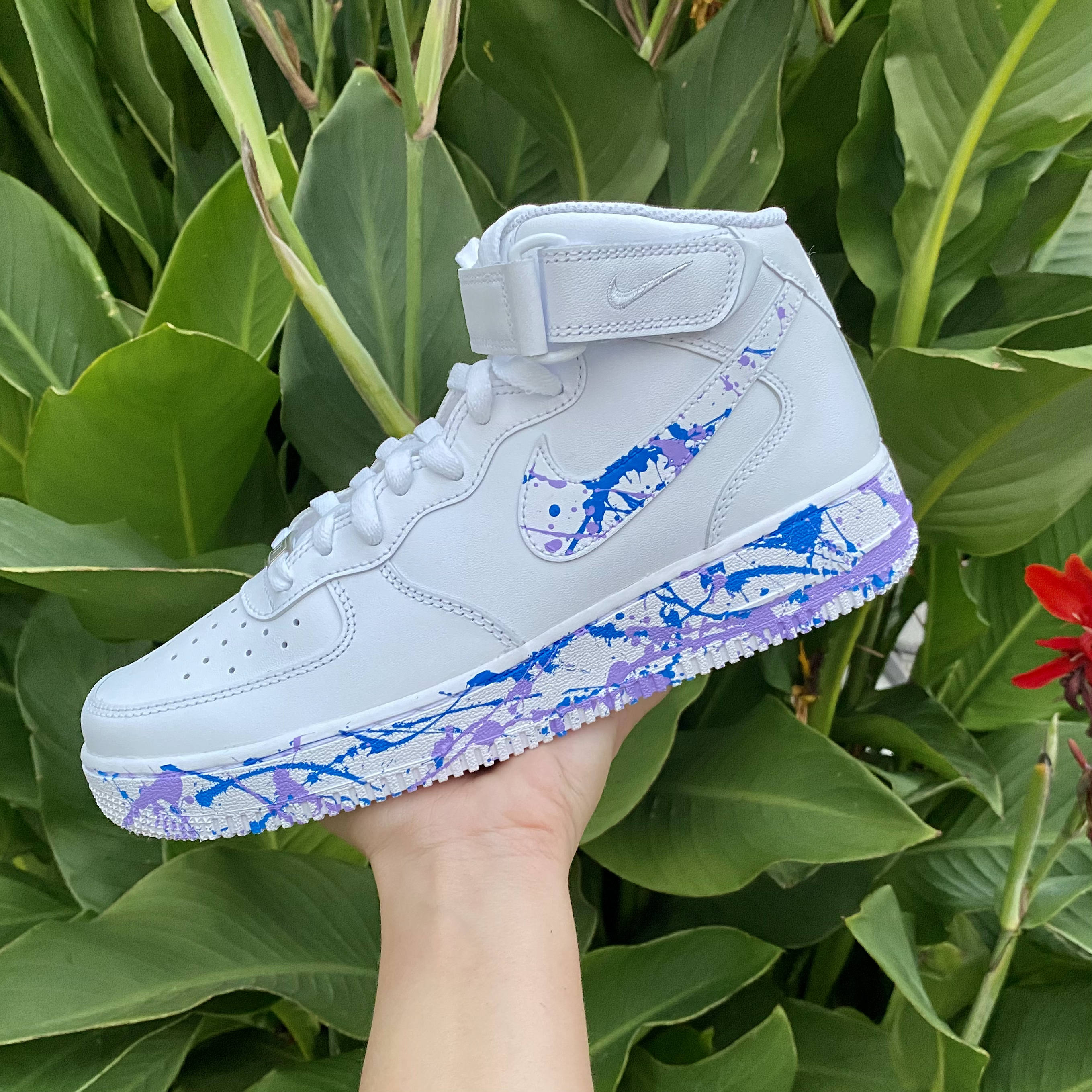 nike lavender flower shoes Lavender Light Purple and Blue Splatter Swoosh and Sole